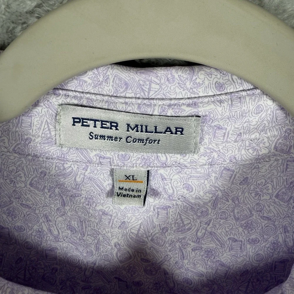 Peter Millar Summer Comfort Men's XL Purple/White Print Stretch Golf Polo Logo